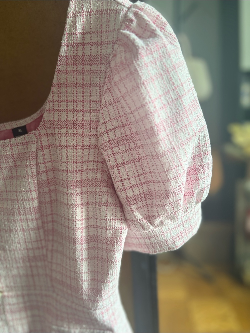 SHEIN Pink Plaid Puff-Sleeve Midi Dress with Pearl Buttons - Picture 4 of 8
